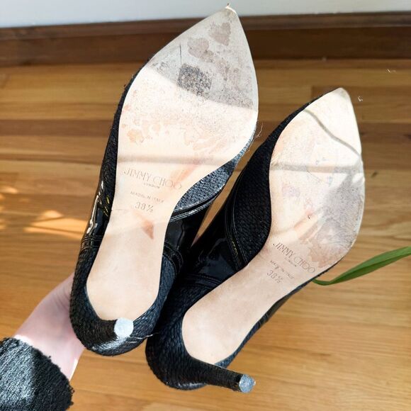 Jimmy Choo Hickory 85 Woven Canvas Patent Pumps Size 38.5 - Picture 6 of 7